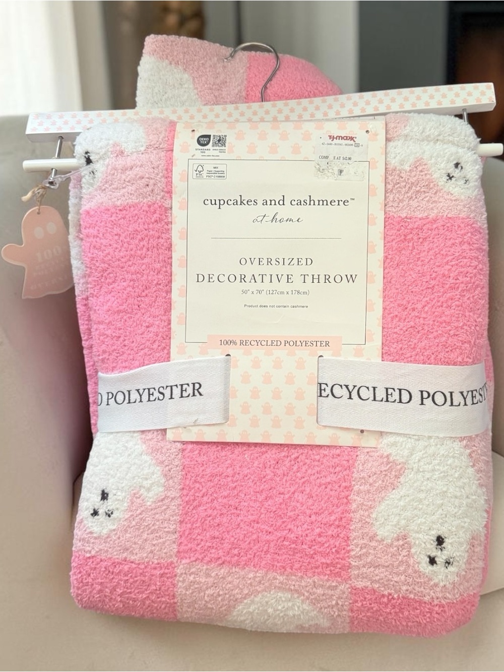cupcakes & cashmere Pink and White Oversized Viral ghost 👻 Decorative Throw